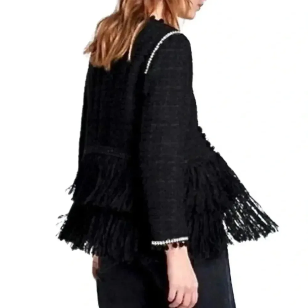 Zara Tweed Fringe Pom Pom Tassels Lined Boucle Jacket Blazer Black Size XS
